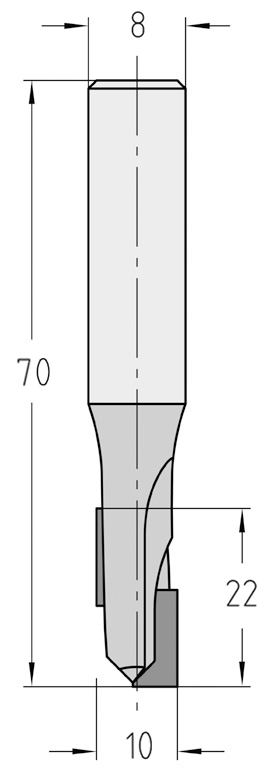 Technische Maßzeichnung des JSO Dianova CNC-Diamant-Nutfräsers mit Rechtslauf, Z=1+1 Schneiden und exakten Bemaßungen für Durchmesser 8 mm, Nutzlänge 22 mm, Bestückungshöhe von 2,5 mm und Gesamtlänge 70 mm.