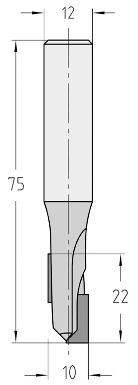 Technische Maßzeichnung des JSO Dianova CNC-Diamant-Nutfräsers mit Rechtslauf, Z=1+1 Schneiden und exakten Bemaßungen für Durchmesser 10 mm, Nutzlänge 22 mm, Bestückungshöhe von 2,5 mm und Gesamtlänge 75 mm.