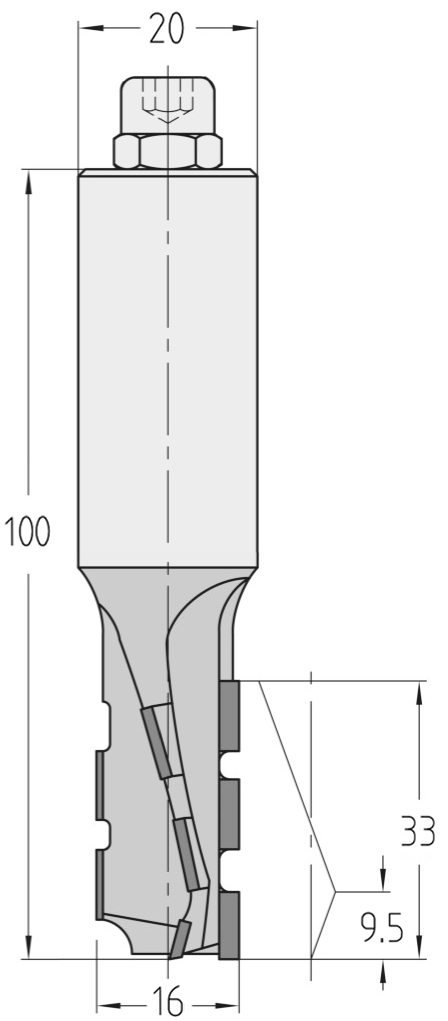 Technische Maßzeichnung des JSO Dianova-DUO Nutfräsers (16x33mm) für Rechtslauf mit präzisen Bemaßungen der PKD-Schneiden und des Schafts.