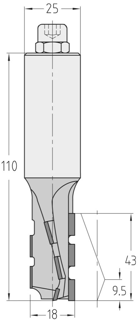 Technische Maßzeichnung des JSO Dianova-DUO Nutfräsers (18x43mm) für Rechtslauf mit präzisen Bemaßungen der PKD-Schneiden und des Schafts.