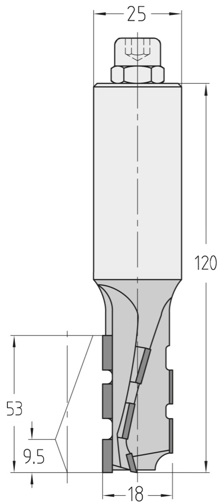 Technische Maßzeichnung des JSO Dianova-DUO Nutfräsers (18x53mm) für Linkslauf mit präzisen Bemaßungen der PKD-Schneiden und des Schafts.