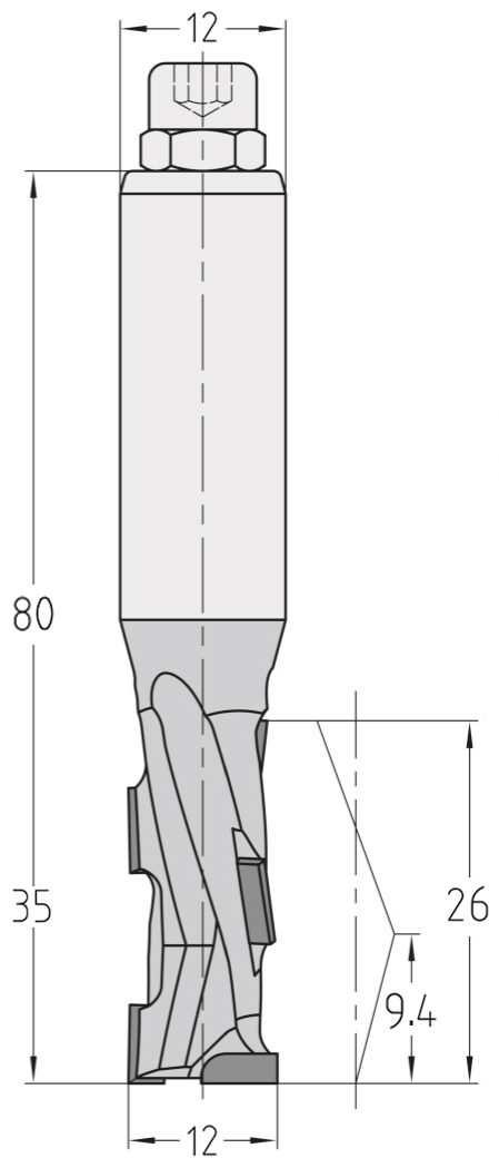 Technische Maßzeichnung des JSO Dianorm Nutfräsers (12x26mm) für Rechtslauf mit präzisen Bemaßungen der PKD-Schneiden und des Schafts.