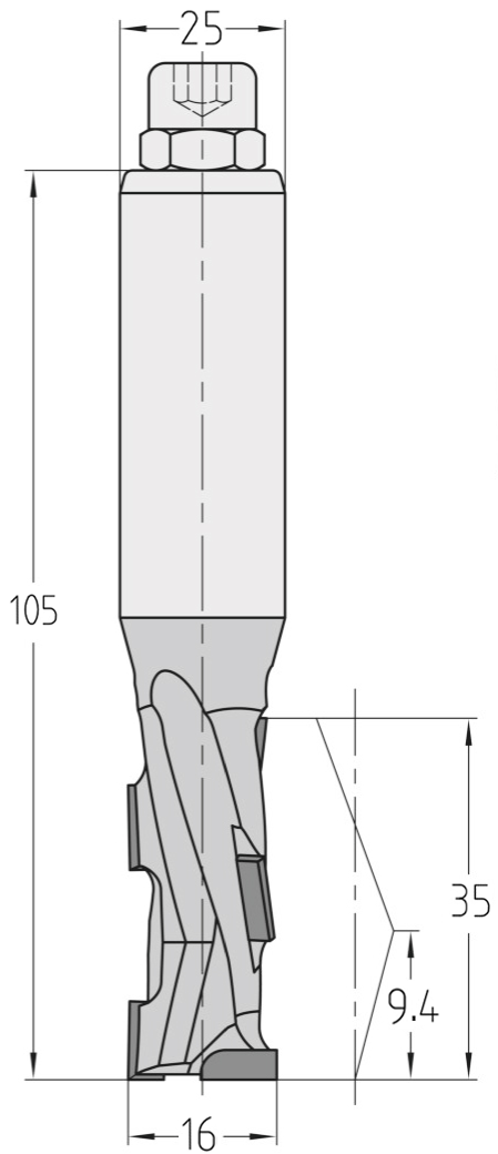 Technische Maßzeichnung des JSO Dianorm Nutfräsers (16x35mm) für Rechtslauf mit exakten Abmessungen der PKD-Bestückung und des 25 mm Schafts.