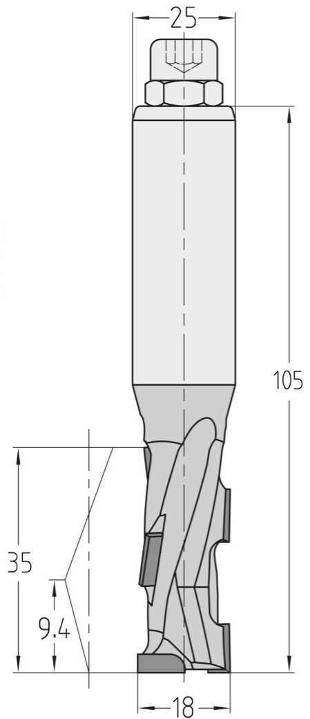 Technische Maßzeichnung des JSO Dianorm Nutfräsers (18x35mm) für Linkslauf mit exakten Abmessungen der PKD-Bestückung und des 25 mm Schafts.