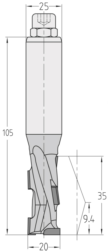 Technische Maßzeichnung des JSO Dianorm Nutfräsers (20x35mm) für Rechtslauf mit exakten Abmessungen der PKD-Bestückung und des 25 mm Schafts.