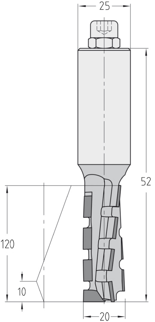 Technische Maßzeichnung des JSO Dianorm-DUO Nutfräsers (20x52mm) für Linkslauf mit exakten Abmessungen der PKD-Bestückung und des 25 mm Schafts.