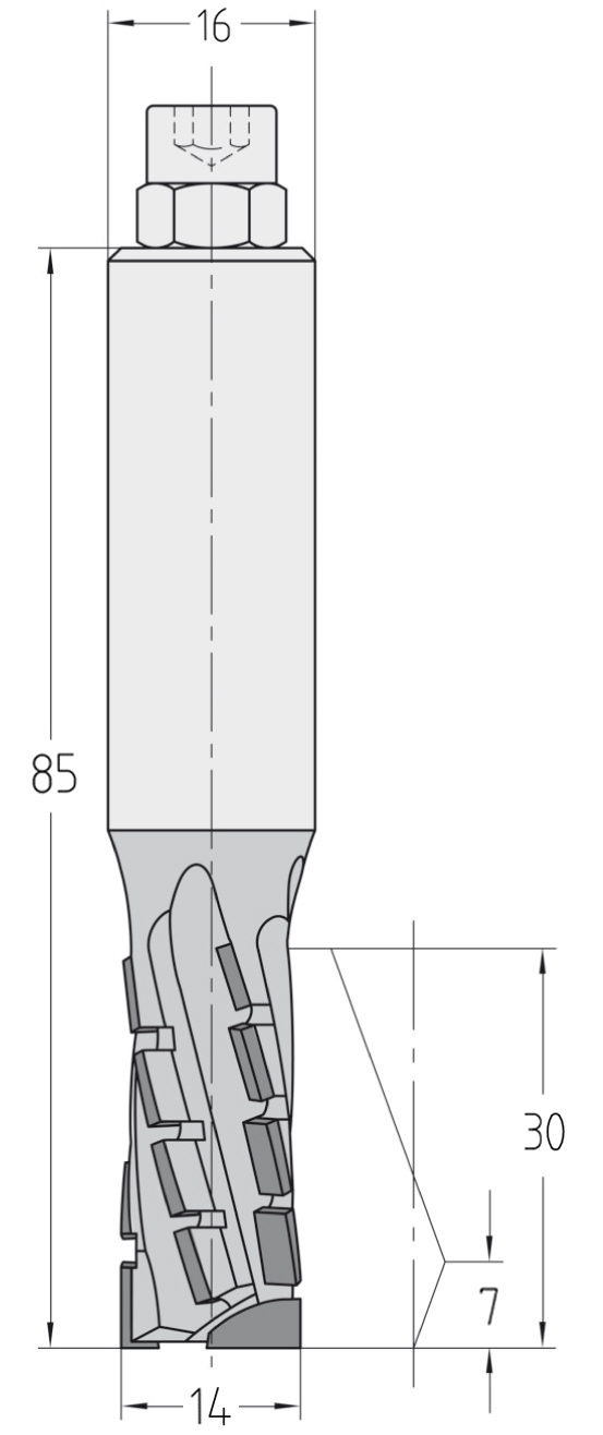 Technische Maßzeichnung des JSO Dianorm-TRIO Nutfräsers (14x30mm) für Rechtslauf mit exakten Abmessungen der dreizahnigen PKD-Bestückung und des Schafts.