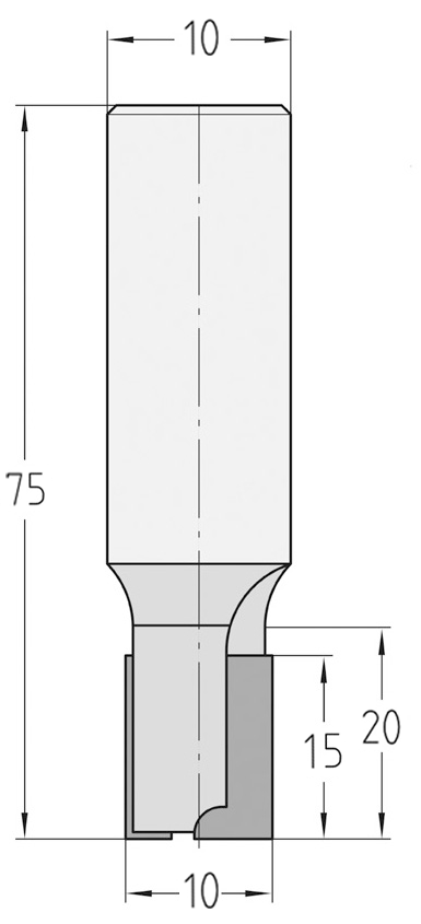 Technische Maßzeichnung des JSO Diatec CNC-Diamant-Nutfräsers mit Rechtslauf und exakten Bemaßungen für Durchmesser 10 mm, Nutzlänge 15 mm, Bestückungshöhe bzw. Nachschärfzone von 2,5 mm und Gesamtlänge 75 mm.
