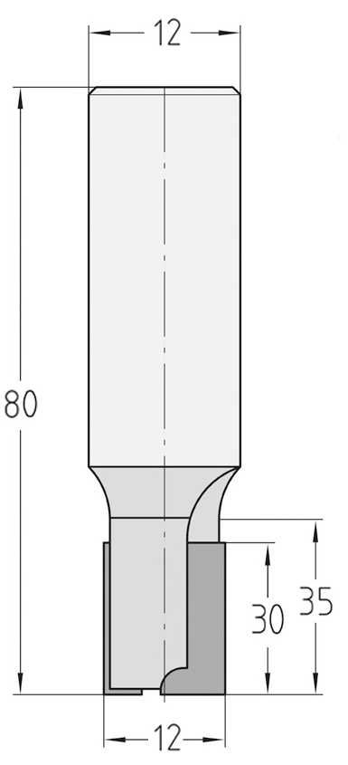 Technische Maßzeichnung des JSO Diatec CNC-Diamant-Nutfräsers mit Rechtslauf und exakten Bemaßungen für Durchmesser 12 mm, Nutzlänge 30 mm, eine Bestückungshöhe bzw. Nachschärfzone von 3 mm und einer Gesamtlänge von 80 mm.
