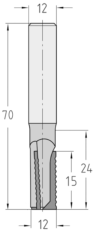 Technische Maßzeichnung des JSO Diamatic-TRIO Schruppwerkzeugs (12x15 mm, Gesamtlänge 70 mm) mit präziser Darstellung der versetzten PKD-Segmente und der 3 mm Bestückungshöhe.