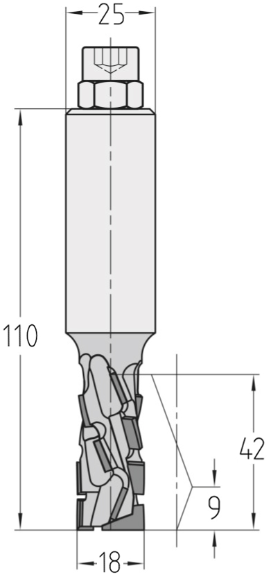 Technische Maßzeichnung des JSO Diatec-Pro-DUO Nutfräsers (18x42mm) für Rechtslauf mit exakten Abmessungen der verschachtelten PKD-Bestückung und des Schafts.