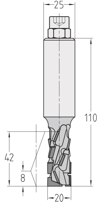 Technische Maßzeichnung des JSO Diatec-Pro-DUO Nutfräsers (20x42mm) für Linkslauf mit exakten Abmessungen der verschachtelten PKD-Bestückung und des Schafts.