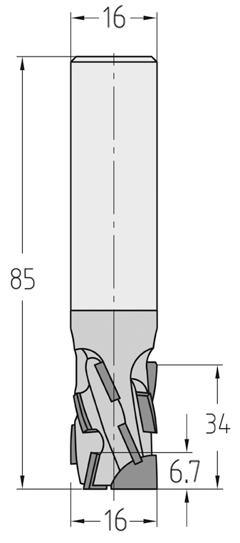 Technische Maßzeichnung des JSO Diatec-Pro-TRIO Nutfräsers (16x34mm) für Rechtslauf mit exakten Details der verschachtelten Z=3+3 PKD-Bestückung und des Schafts.