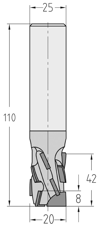 Technische Maßzeichnung des JSO Diatec-Pro-TRIO Nutfräsers (20x42mm) für Rechtslauf mit exakten Details der verschachtelten Z=3+3 PKD-Bestückung und des Schafts.