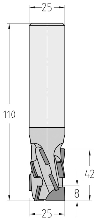 Technische Maßzeichnung des JSO Diatec-Pro-TRIO Nutfräsers (25x42mm) für Rechtslauf mit exakten Details der verschachtelten Z=3+3 PKD-Bestückung und des Schafts.