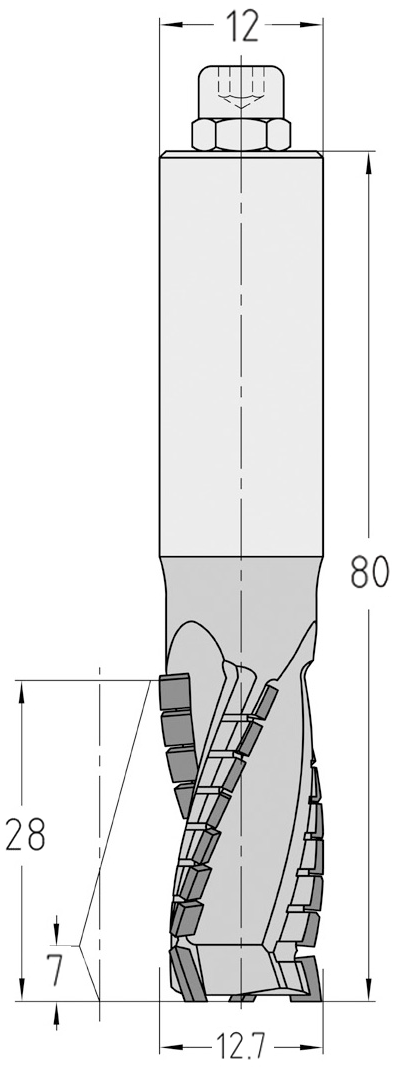 Technische Maßzeichnung des JSO Diamatic Nutfräswerkzeugs (12,7x28mm) für Linkslauf mit Angabe der dreischneidigen PKD-Bestückung.