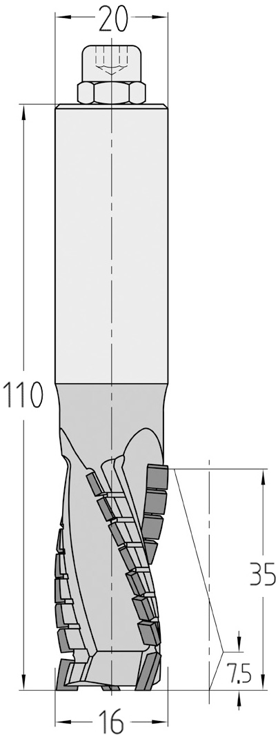 Technische Maßzeichnung des JSO Diamatic Nutfräswerkzeugs (16x35mm) für Rechtslauf mit Angabe der axialen Schneidenschräge der dreischneidigen PKD-Bestückung.