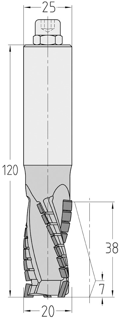 Technische Maßzeichnung des JSO Diamatic Nutfräswerkzeugs (20x38mm) für Rechtslauf mit Angabe der axialen Schneidenschräge der dreischneidigen PKD-Bestückung und des S 25 Schafts.
