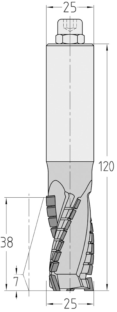 Technische Maßzeichnung des JSO Diamatic Nutfräswerkzeugs (20x38mm) für Linkslauf mit Angabe der axialen Schneidenschräge der dreischneidigen PKD-Bestückung und des S 25 Schafts.
