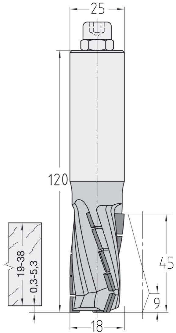 Technische Maßzeichnung des JSO Diamatic-Plus Nutfräswerkzeugs (18x45 mm, Gesamtlänge 120 mm) für Rechtslauf mit Angabe der axialen Schneidenschräge der PKD-Segmente.