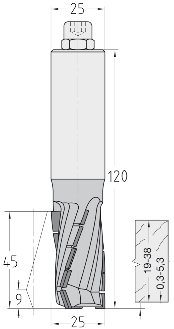 Technische Maßzeichnung des JSO Diamatic-Plus Nutfräswerkzeugs (25x45 mm, Gesamtlänge 120 mm) für Linkslauf mit Angabe der axialen Schneidenschräge der PKD-Segmente.