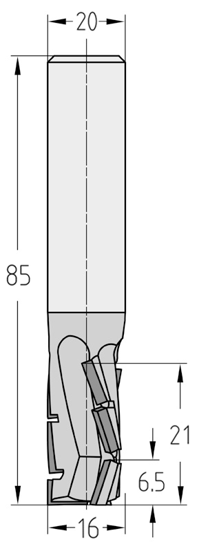 Technische Maßzeichnung des JSO Diamatic-TRIO Nutfräswerkzeugs (16x21 mm, Gesamtlänge 85 mm) für Rechtslauf mit Angabe der versetzten axialen Schneidenschräge der PKD-Segmente.