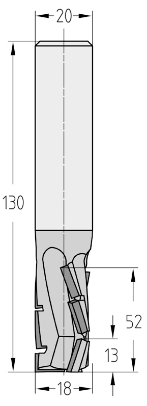 Technische Maßzeichnung des JSO Diamatic-TRIO Nutfräswerkzeugs (18x52 mm, Gesamtlänge 130 mm) für Rechtslauf mit Angabe der versetzten axialen Schneidenschräge der PKD-Segmente.