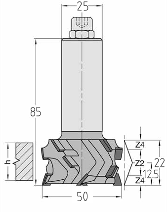 Technische Maßzeichnung des JSO Megaspeed DP Diamant-Kantenfräsers (50x22 mm, Gesamtlänge 85 mm) mit detaillierter Darstellung der 4,5 mm Bestückungshöhe und des 25 mm Schafts.