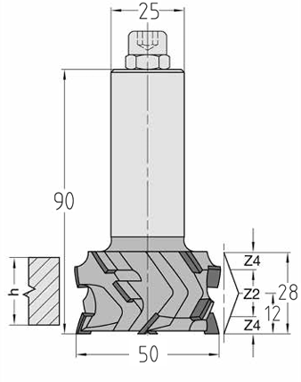 Technische Maßzeichnung des JSO Megaspeed DP Diamant-Kantenfräsers (50x28 mm, Gesamtlänge 90 mm) mit detaillierter Darstellung der 4,5 mm Bestückungshöhe und des 25 mm Schafts.