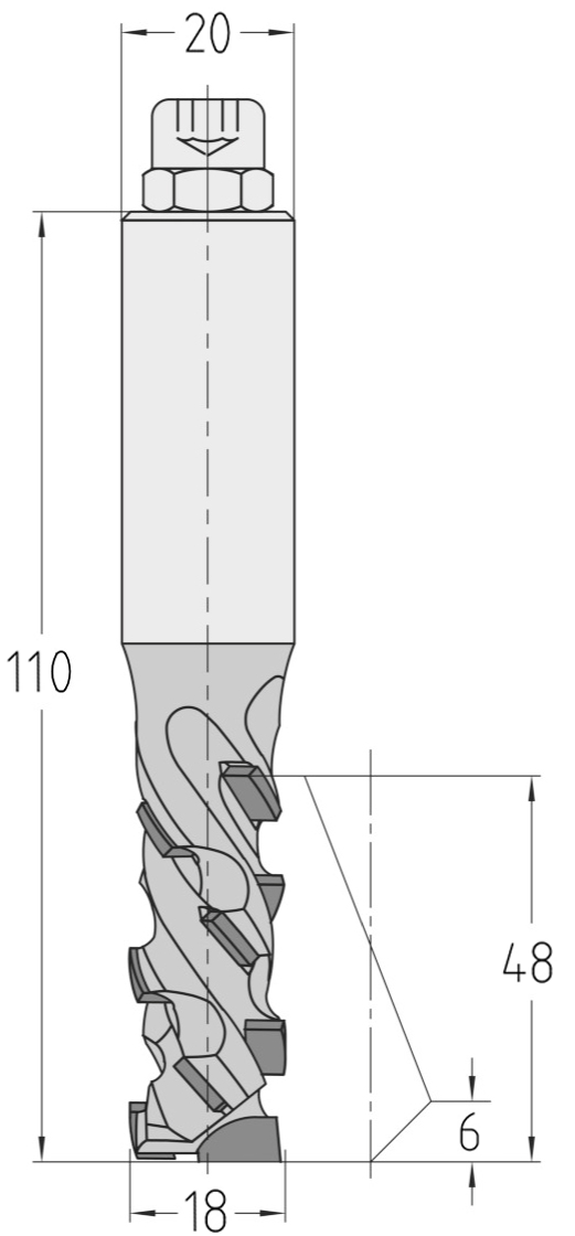 Technische Maßzeichnung des JSO Gigaspeed-UNO Fräswerkzeugs (18x48 mm, Gesamtlänge 110 mm) mit präziser Kennzeichnung des großen Spanraums.