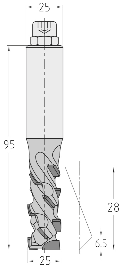 Technische Maßzeichnung des JSO Gigaspeed-UNO Fräswerkzeugs (25x28 mm, Gesamtlänge 95 mm) mit präziser Kennzeichnung des großen offenen Spanraums.