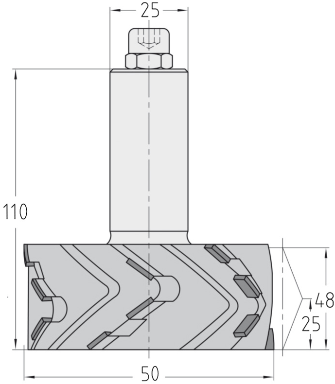 Technische Maßzeichnung des JSO Gigaspeed-TRIO DP Diamant-Kantenfräsers (50x48 mm, Gesamtlänge 110 mm) mit detaillierter Darstellung der 4,0 mm Bestückungshöhe, des Z=3 Profils und des 25 mm Schafts.