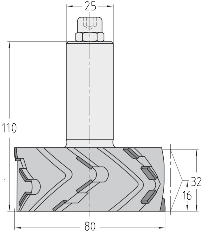 Technische Maßzeichnung des JSO Gigaspeed-TRIO DP Diamant-Kantenfräsers (80x32 mm, Gesamtlänge 90 mm) mit detaillierter Darstellung der 4,0 mm Bestückungshöhe, des Z=3 Profils und des 25 mm Schafts.