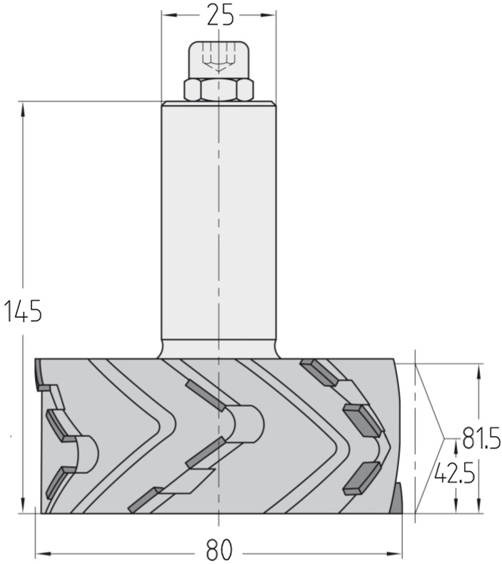 Technische Maßzeichnung des JSO Gigaspeed-TRIO DP Diamant-Kantenfräsers (80x81,5 mm, Gesamtlänge 145 mm) mit detaillierter Darstellung der 4,0 mm Bestückungshöhe, des Z=3 Profils und des 25 mm Schafts.