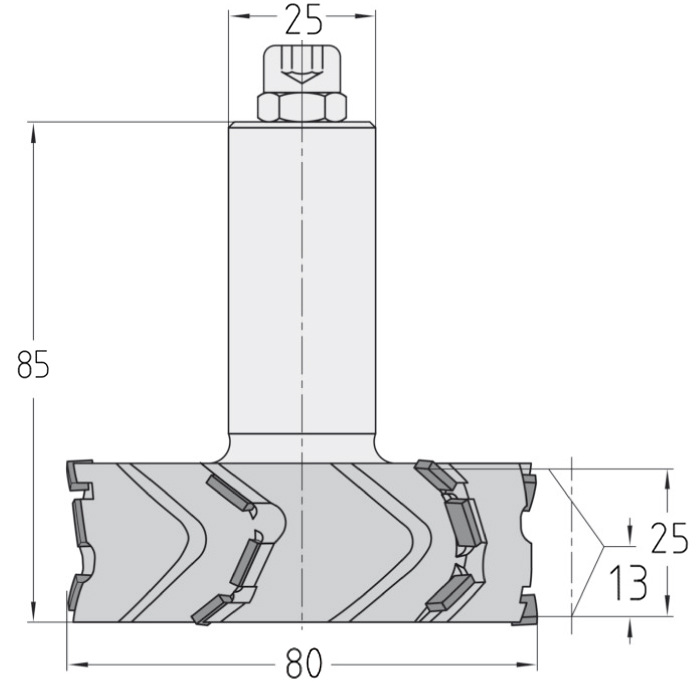 Technische Maßzeichnung des JSO Gigaspeed-Particle DP Diamant-Kantenfräsers (80x25 mm, Gesamtlänge 85 mm) mit detaillierter Darstellung der 4,5 mm Bestückungshöhe, des Z=3 Profils und des 25 mm Schafts.