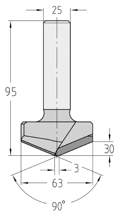 Technische Maßzeichnung des JSO DP Groß-Fasefräsers (90°, 63x30 mm, Gesamtlänge 95 mm) mit exakter Darstellung des Schneidenprofils, der Nachschärfzone und des S25-Schafts.