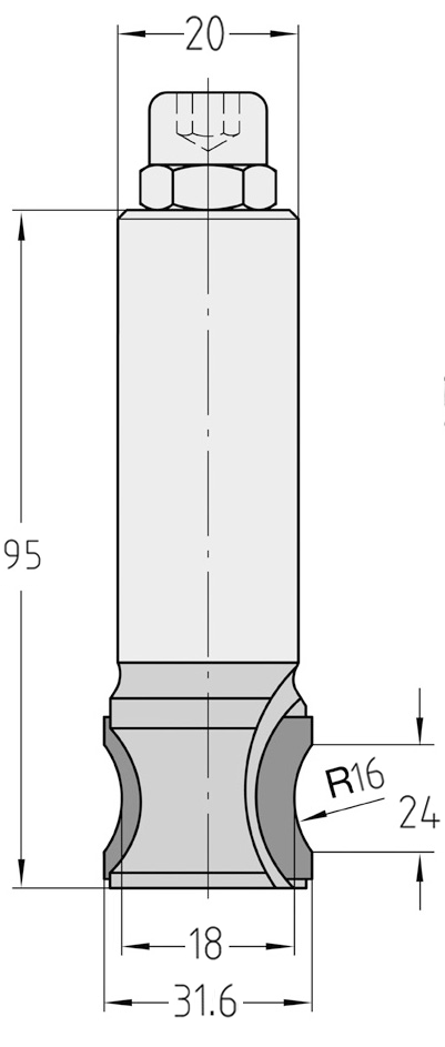 Technische Maßzeichnung des JSO Diamant-Bombierfräsers (Radius 16 mm, oberer Durchmesser 31,6 mm, Gesamtlänge 95 mm) mit exakter Darstellung der 5,0 mm PKD-Nachschärfzone und des Achswinkels.