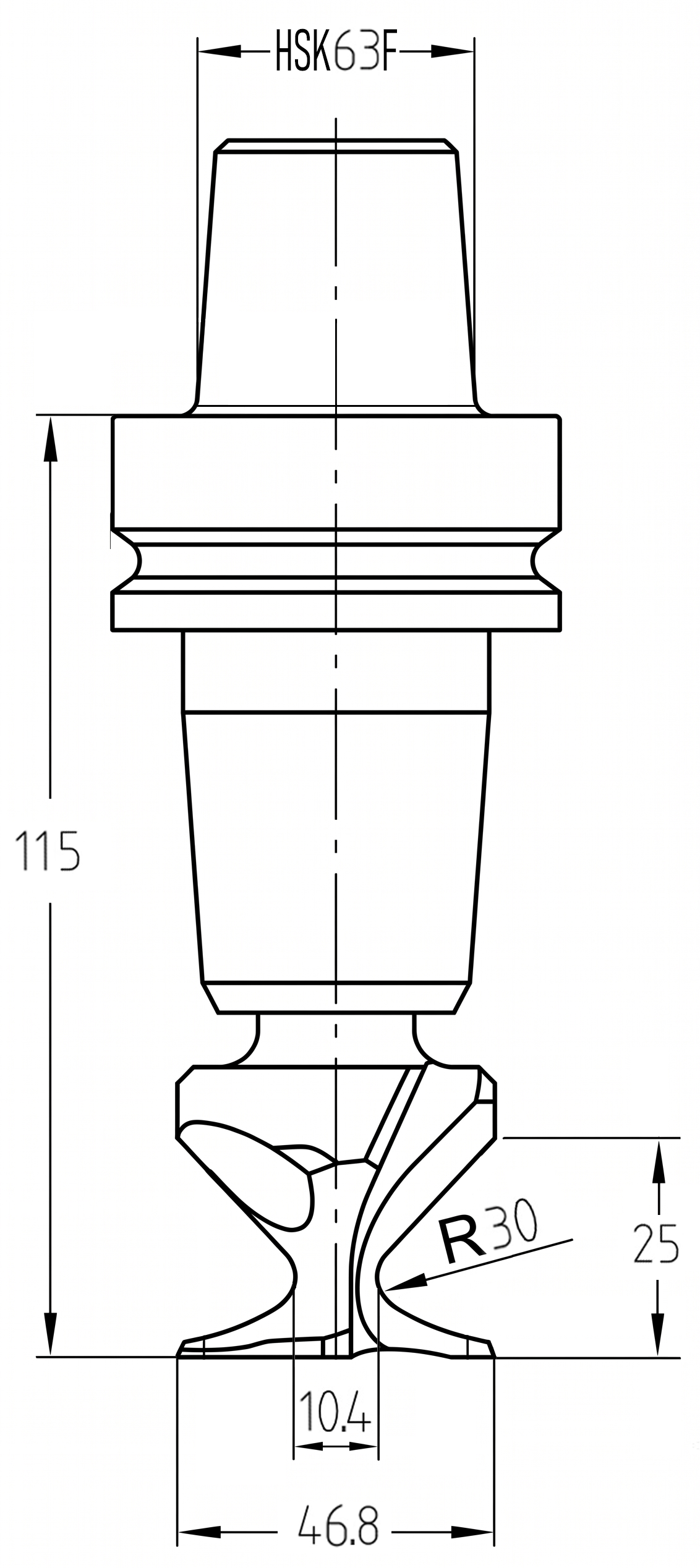 Technische Maßzeichnung des JSO Diamant-Foldingfräser (Radius 30 mm, oberer Durchmesser 46,8 mm, Nutzlänge 25 mm) mit exakter Bemaßung der HSK-63F-Aufnahme und der Profilflanken.