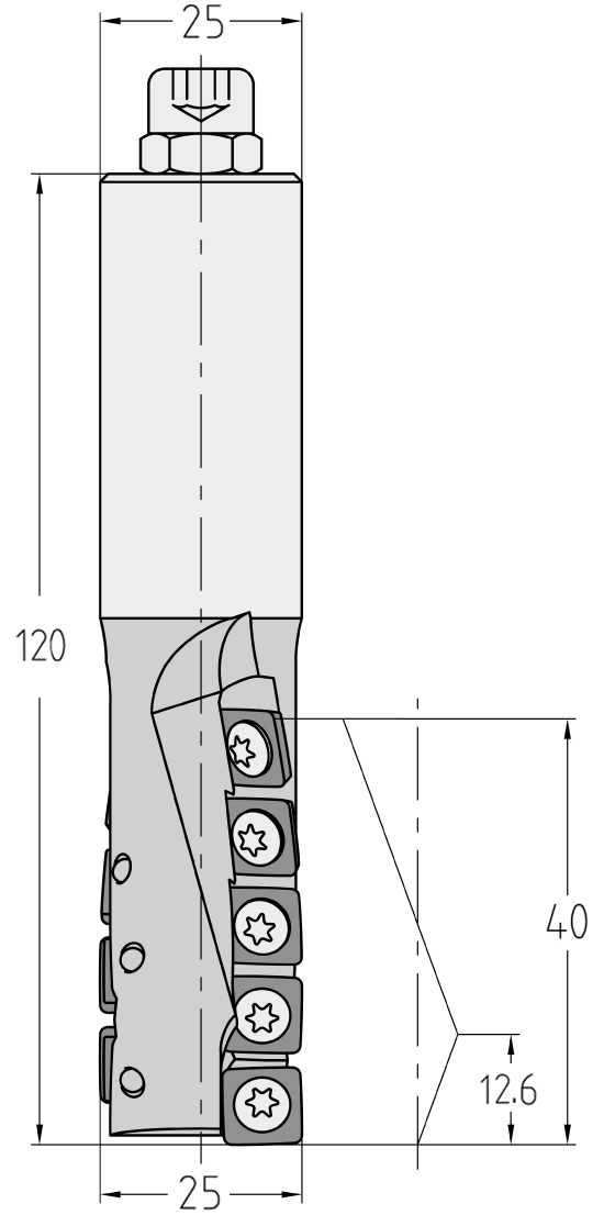 Technische Maßzeichnung des JSO 4Cut DP Schruppfräsers (25x40 mm, Gesamtlänge 120 mm) mit exakter Bemaßung der Messersitze und der versetzten Z=2 Schneidenaufteilung.