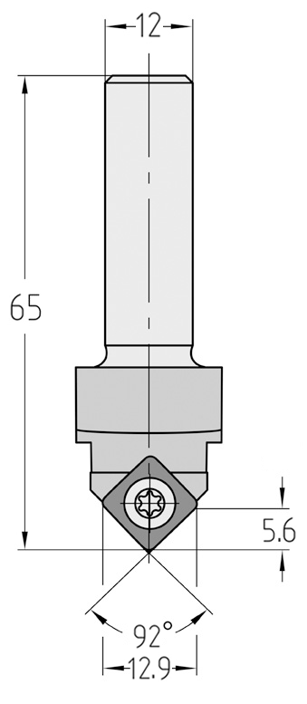 Technische Maßzeichnung des JSO 4Cut Wendeplatten-DP-Ziernutfräsers (92°, 12,9x5,6 mm, Gesamtlänge 65 mm) mit exakter Darstellung der vierseitigen Kehrmesser-Zentrumsspitze, der Nutzlänge und des S12-Schafts.