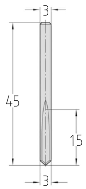 Technische Zeichnung des JSO VHW Bohrstifts Ø 3mm, Nutzlänge 15mm, Schaft 3mm und GL 45mm.