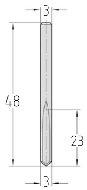 Technische Zeichnung des JSO VHW Bohrstifts Ø 3mm, Nutzlänge 23mm, Schaft 3mm und GL 48mm.