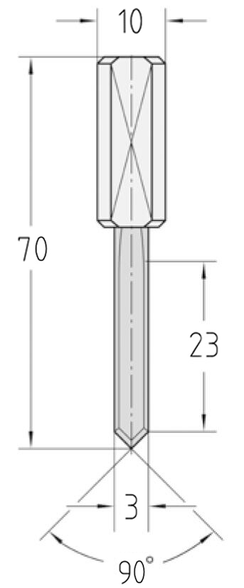Technische Zeichnung des JSO VHW Bohrstifts Ø 3mm, Nutzlänge 23mm, Schaft 10mm und GL 70mm.
