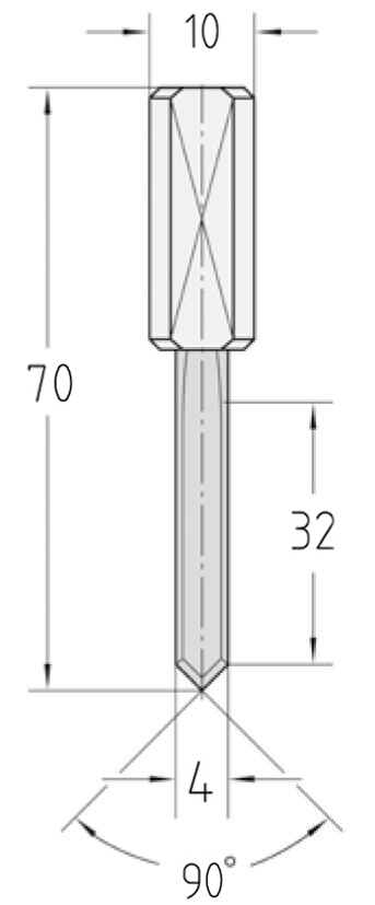 Technische Zeichnung des JSO VHW Bohrstifts Ø 4mm, Nutzlänge 32mm, Schaft 10mm und GL 70mm.