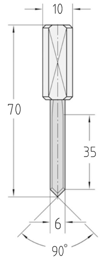 Technische Zeichnung des JSO VHW Bohrstifts Ø 6mm, Nutzlänge 35mm, Schaft 10mm und GL 70mm.