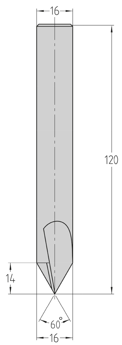 Technische Maßzeichnung des JSO VHW Ecken- und Gravierfräsers (60°, 16x14 mm, Gesamtlänge 120 mm) mit exakter Darstellung der Geometrie, der Nutzlänge und des zylindrischen S16-Schafts.