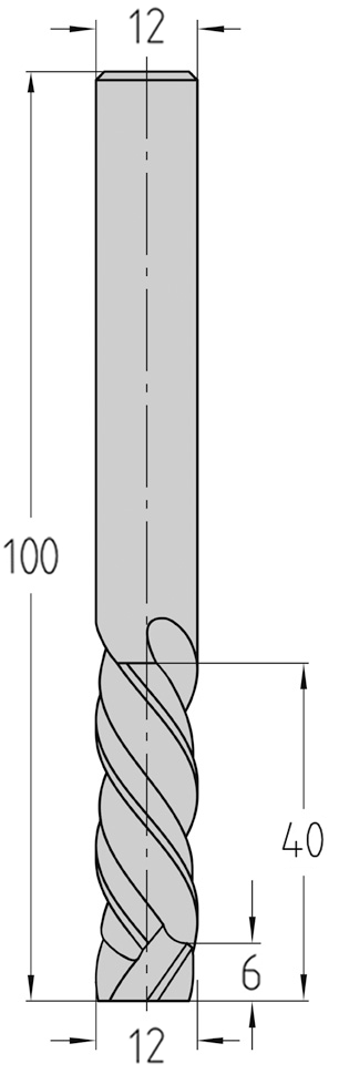 Technische Maßzeichnung des JSO GigaSpeed VHW Schlichtfräsers (Ø 12 mm, lange Nutzlänge 40 mm, Gesamtlänge 100 mm) mit exakter geometrischer Darstellung der Z=3+3 Multi-Wechseldrall-Schneidenzonen.