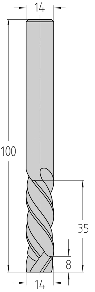 Technische Maßzeichnung des JSO GigaSpeed VHW Schlichtfräsers (Ø 14 mm, Nutzlänge 35 mm, Gesamtlänge 100 mm) mit exakter geometrischer Darstellung der Z=3+3 Multi-Wechseldrall-Schneidenzonen.
