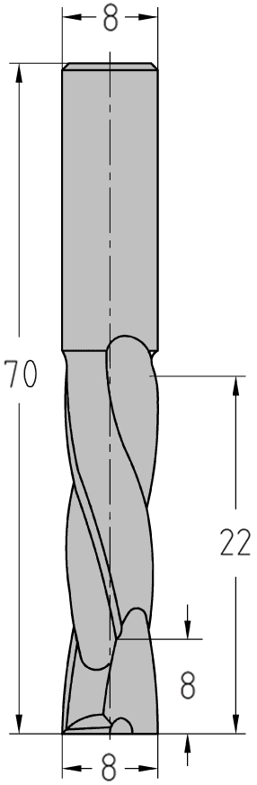 Technische Maßzeichnung des JSO VHW Schlichtfräsers (Ø 8 mm, Nutzlänge 22 mm, Gesamtlänge 70 mm) mit exakter Kennzeichnung der JSO-XD beschichteten Schneidzonen.