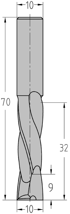 Technische Maßzeichnung des JSO VHW Schlichtfräsers HW04 (Ø 10 mm, Nutzlänge 32 mm, Gesamtlänge 70 mm) mit exakter Darstellung der JSO-XD beschichteten Wechseldrall-Schneidenzonen.